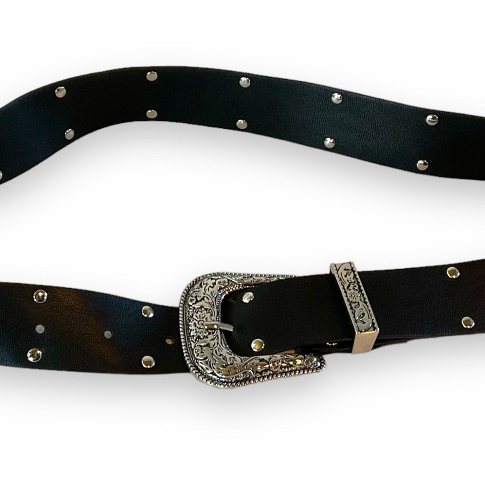 Vintage Womens Belt Western Studded Black Silver Buckle Cowgirl Size Large to XL